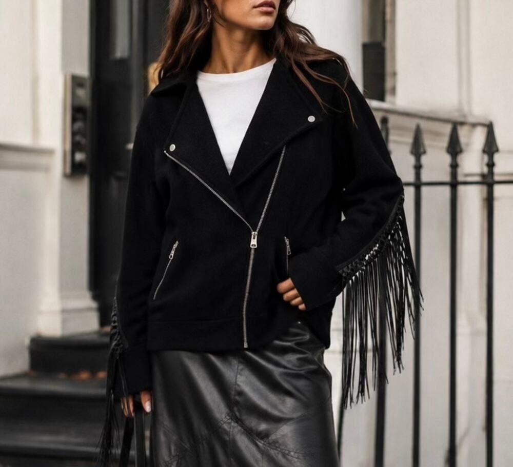 AllSaints Robyn Merino Wool Fringe Moto Jacket Black Asymmetrical Zip Size Large